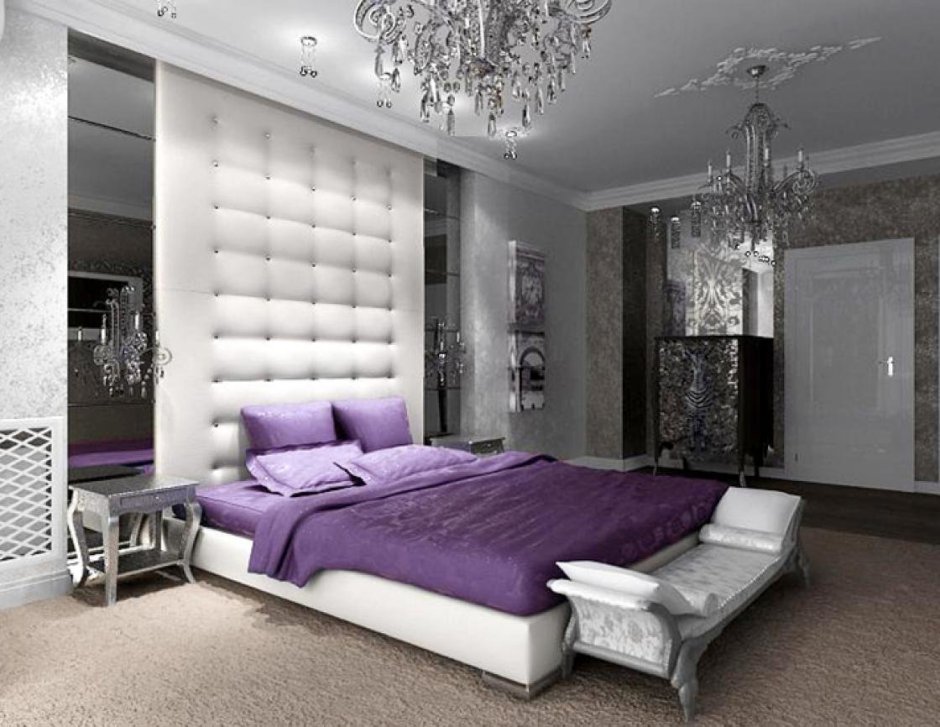 Серый и фиолетовый в интерьере спальни