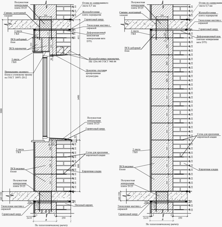 Разрез оконного блока в кирпичной стене 250 мм чертеж