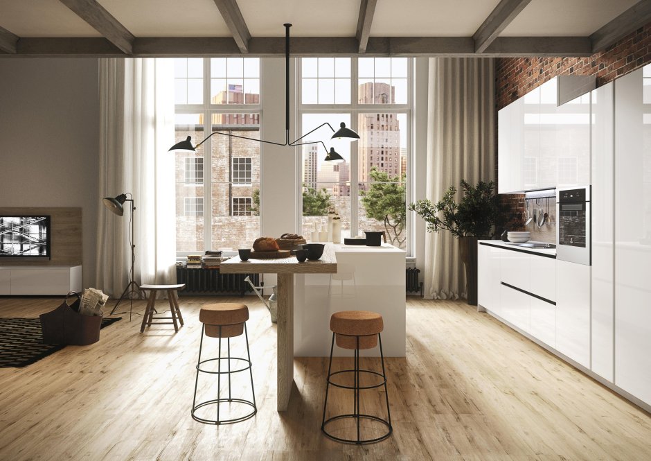 Кухня-гостиная в стиле лофт светлая