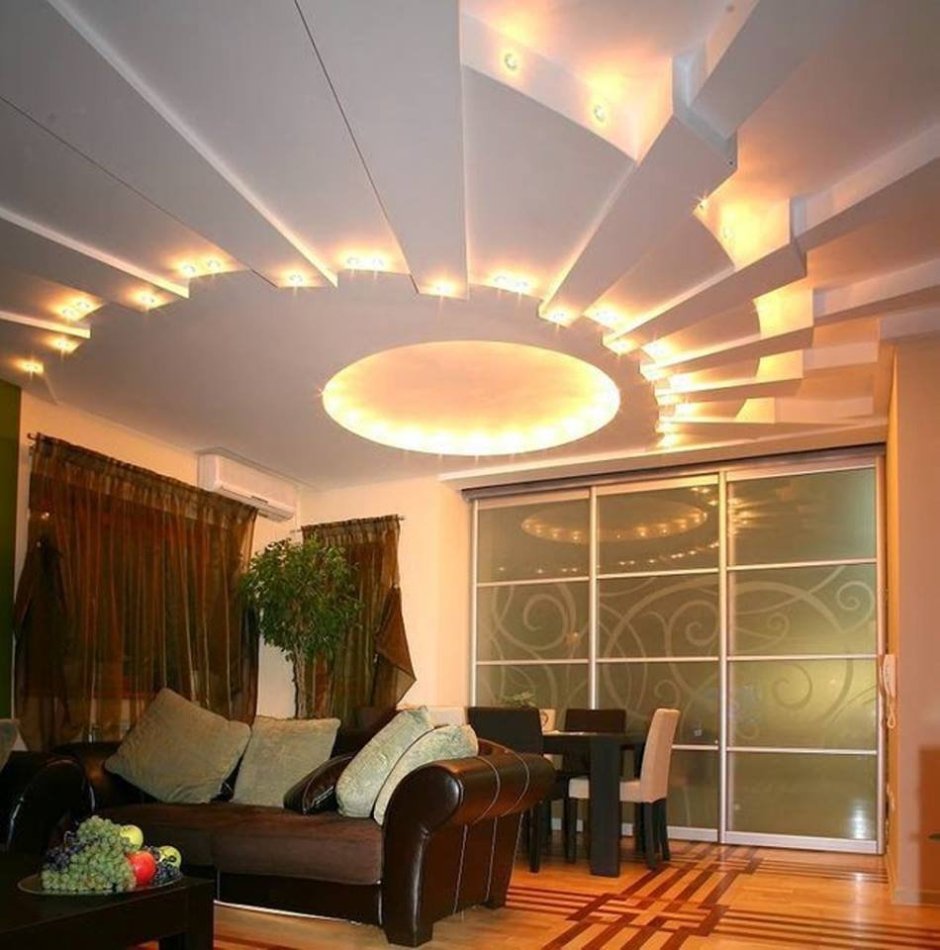 Потолки из гипсокартона с подсветкой для гостиной