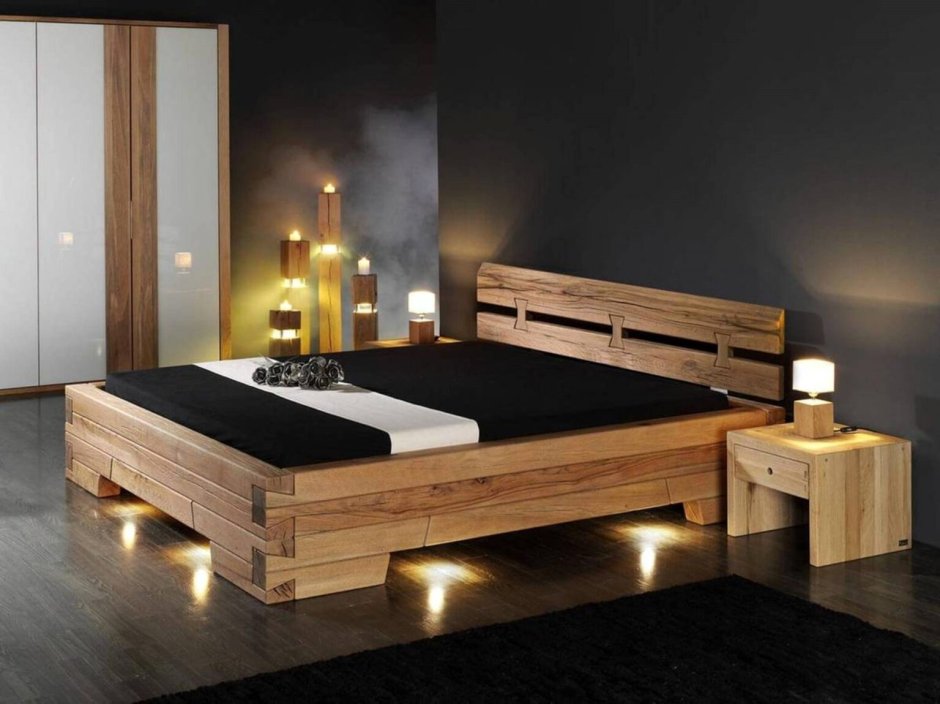 Деревянная кровать с подсветкой