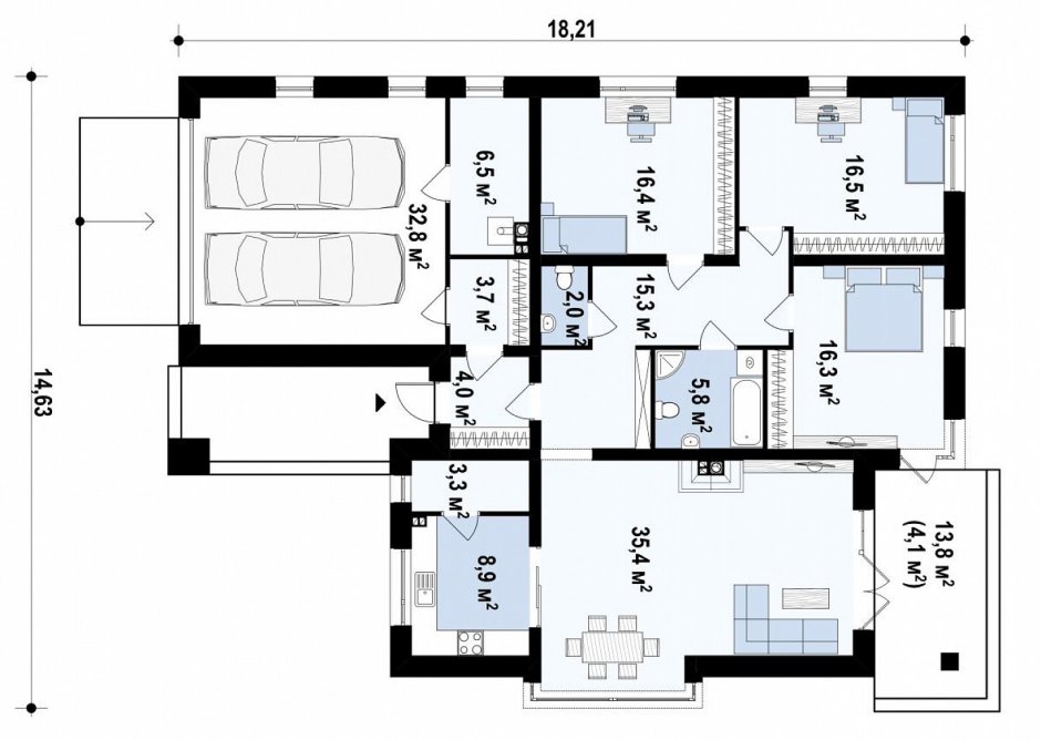 Проект одноэтажного дома с с 3 спальнями сауной и гаражом спереди