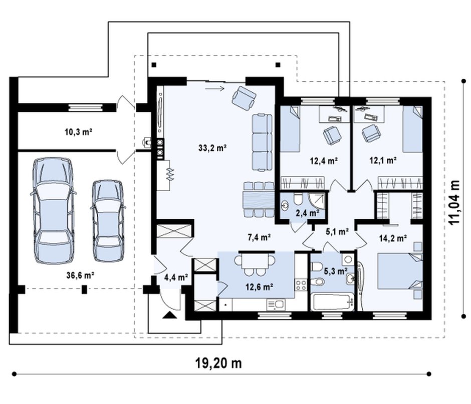 Проект одноэтажного дома с гаражом на 2 машины и 3 спальнями