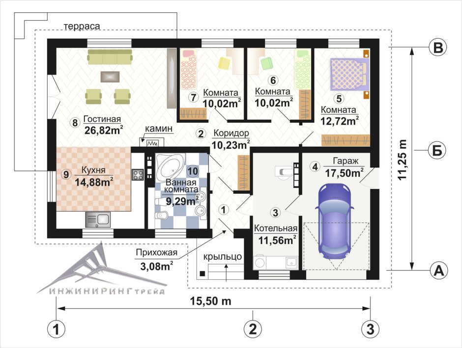 План дома 10 на 10 одноэтажный с гаражом и котельной