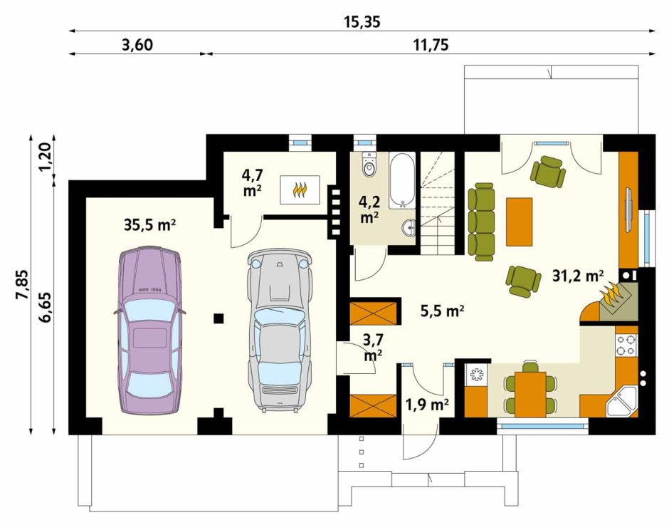План дома 2 этажа с гаражом на 2 машины и котельной