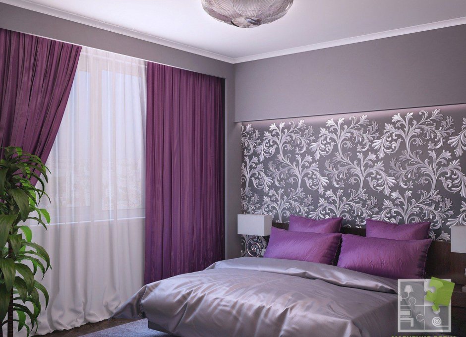 Фиолетовые шторы в интерьере спальни