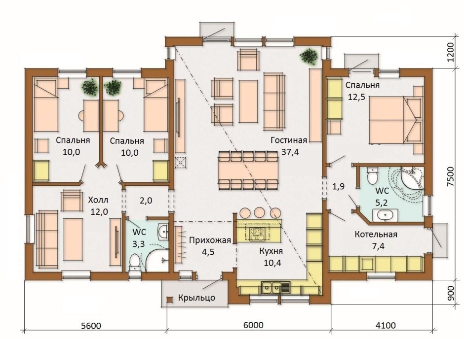 План одноэтажного дома с 3 спальнями и котельной и гардеробной