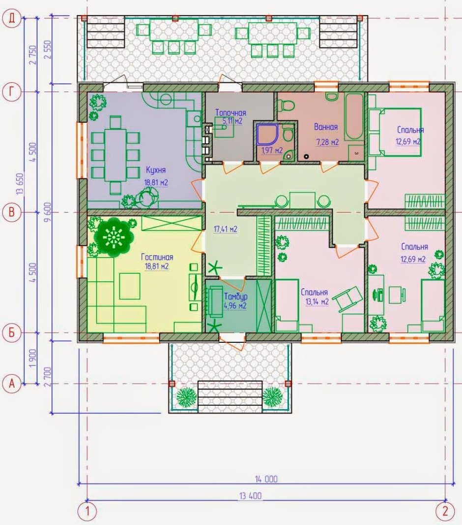 Схема дома 10х10 одноэтажный 3 спальни