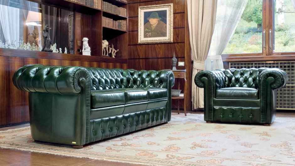 Зеленый кожаный диван Честер