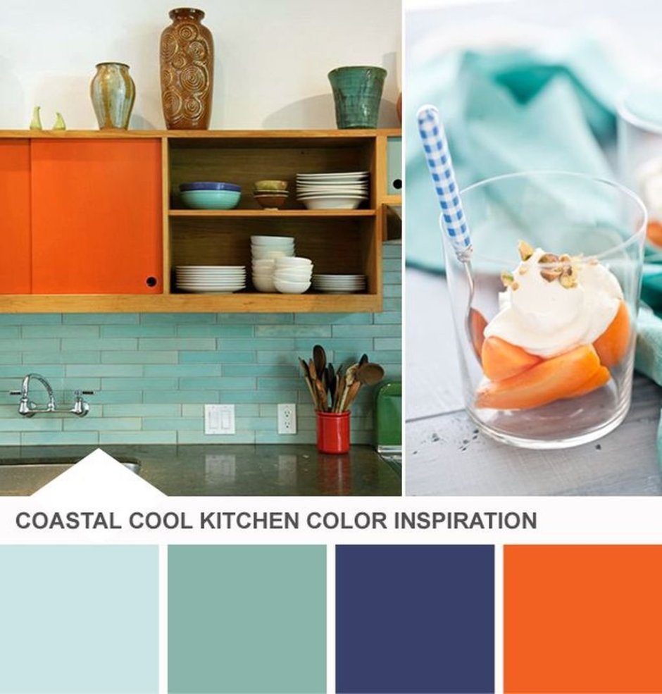 Сочетание оранжевого цвета с синим в интерьере кухни