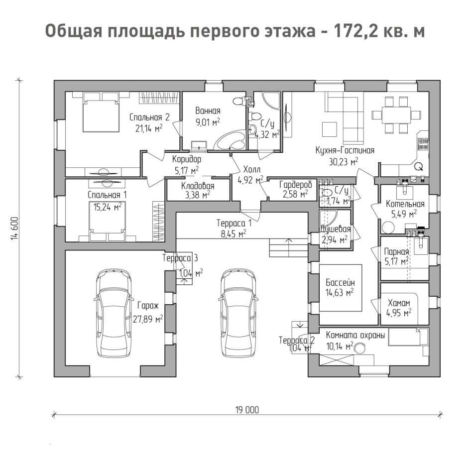 Проект углового одноэтажного дома с баней под одной крышей