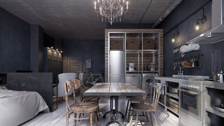 Кухня в стиле лофт бетон и дерево