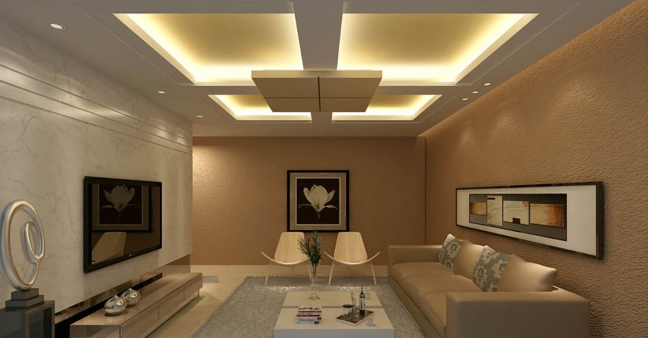 Гипсокартоновый потолок с подсветкой в гостиной
