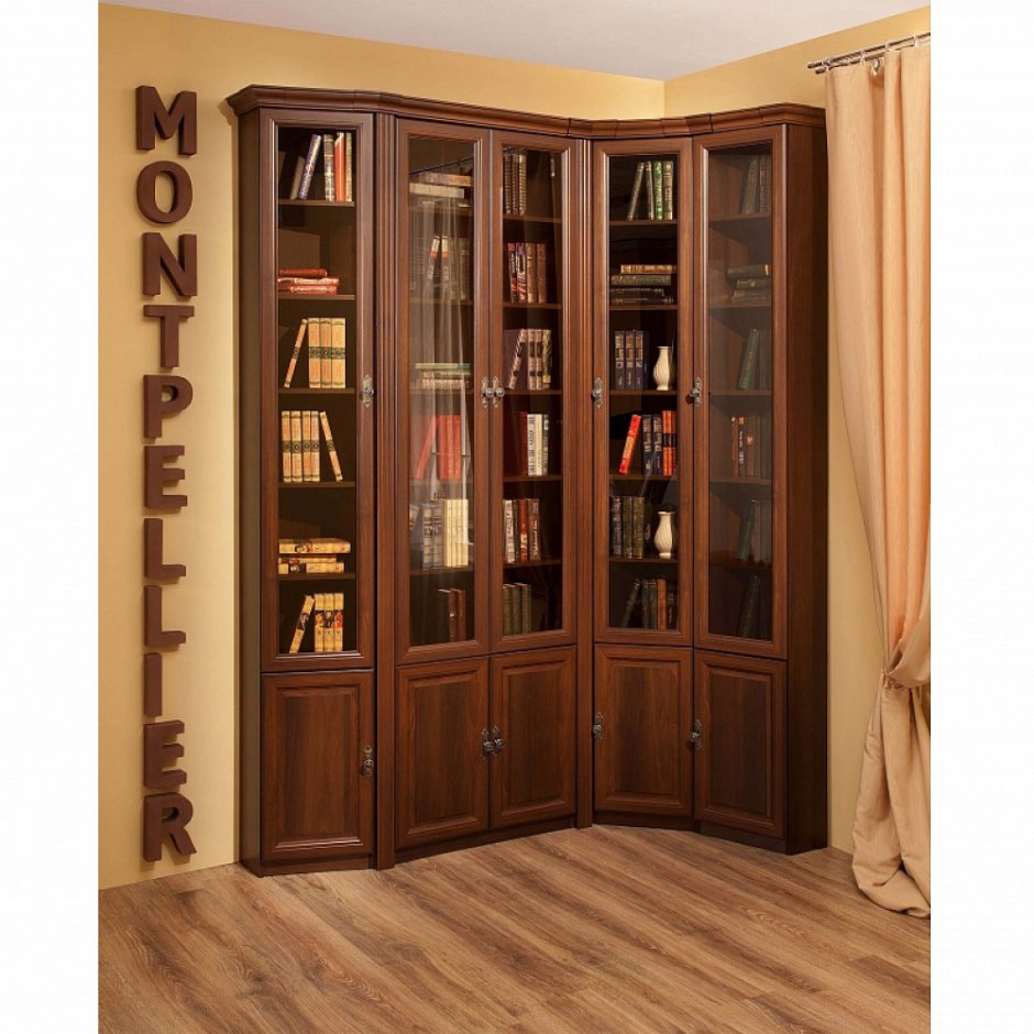 Угловой книжный шкаф для домашней библиотеки