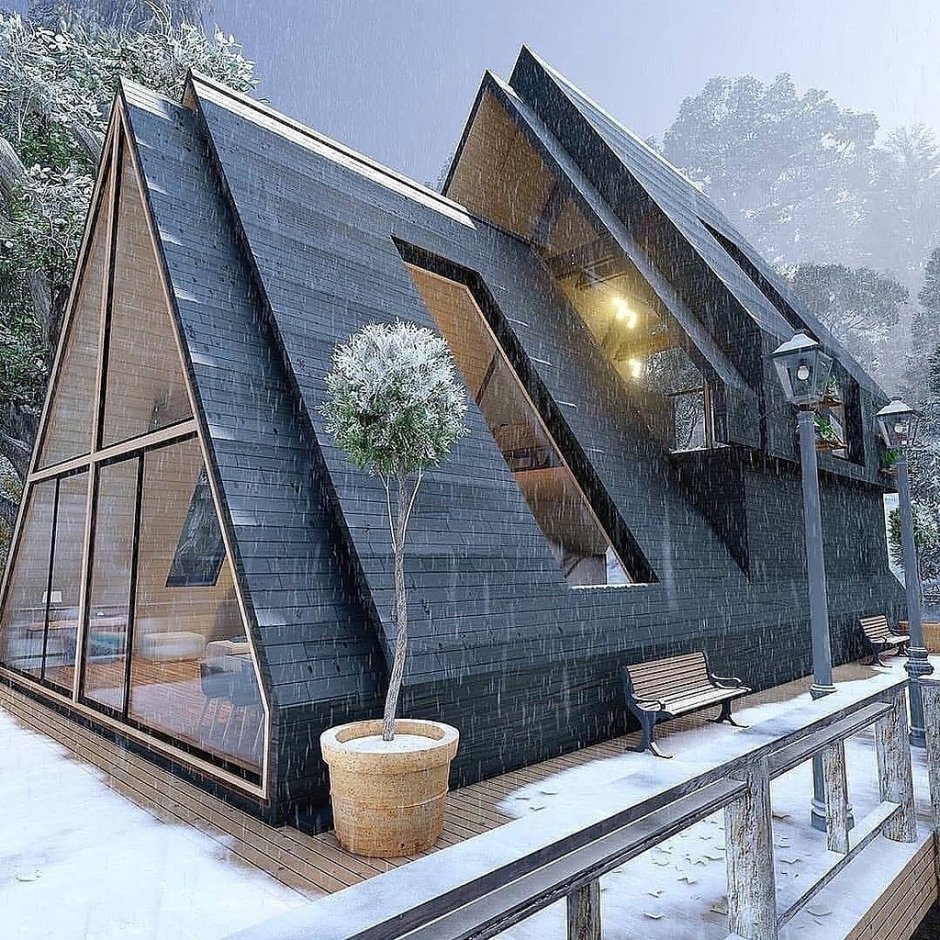 Дом треугольник с панорамными окнами