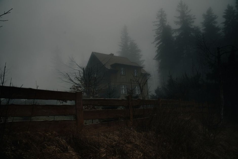 Деревенский домик в тумане