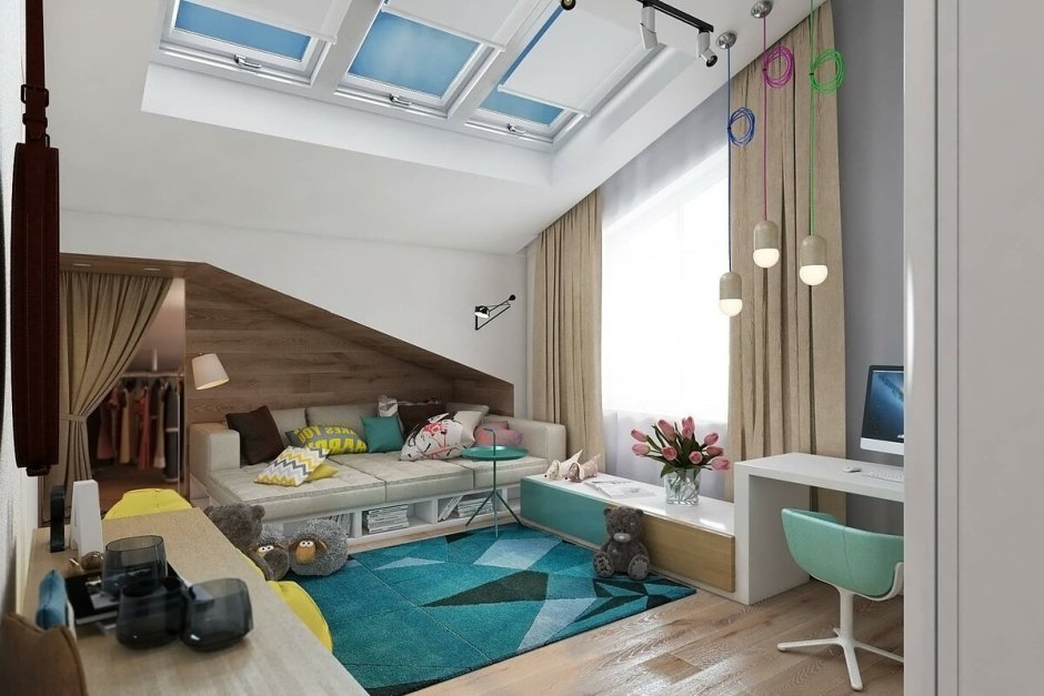 Комната для подростка в современном стиле мальчика на мансарде