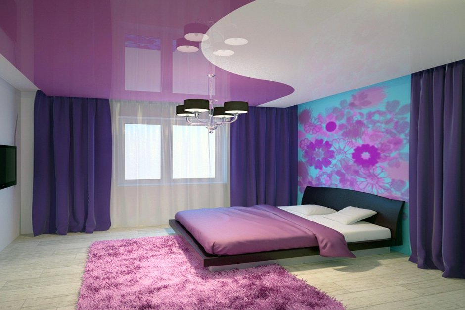 Двухцветный натяжной потолок в спальне