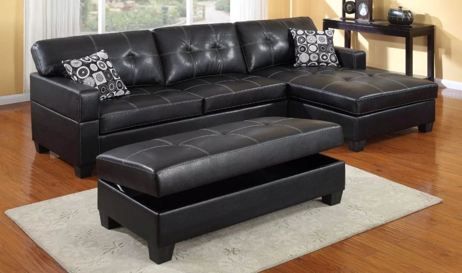 Черный кожаный угловой диван