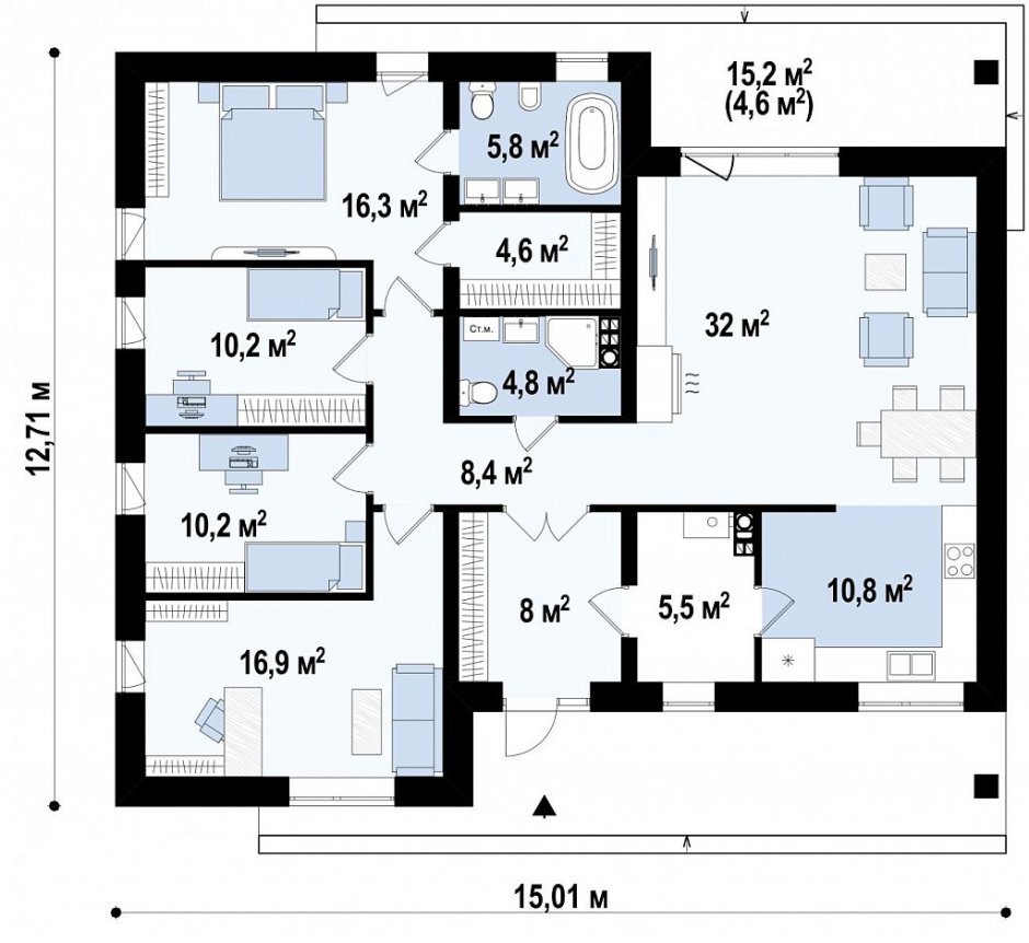 План прямоугольного дома одноэтажного