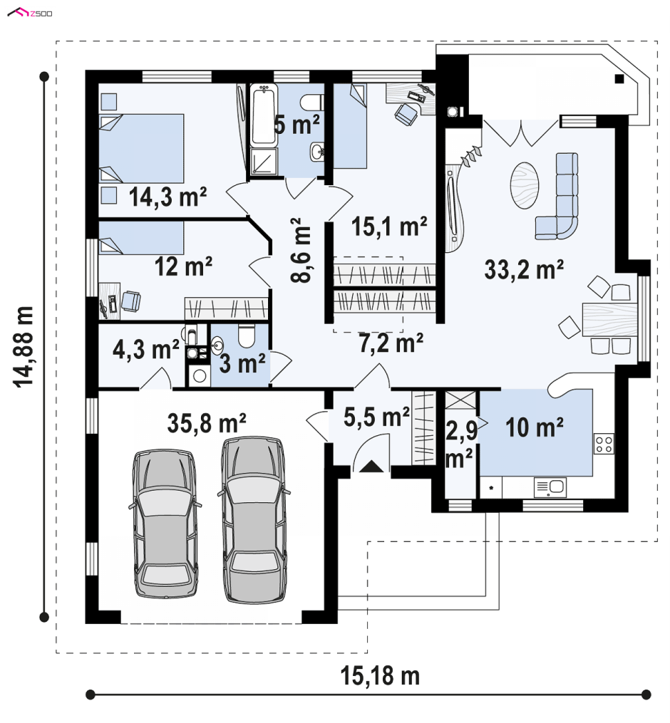 Одноэтажный дом 120м2 с тремя спальнями