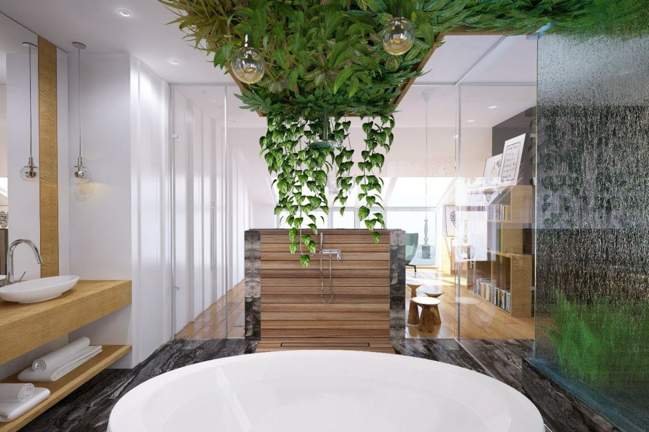 Ванная комната дерево и камень экостиль