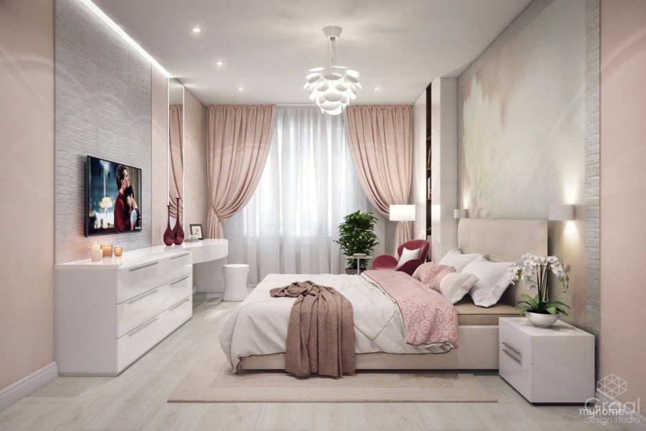 Дизайн спальни однокомнатной квартиры в светлых тонах