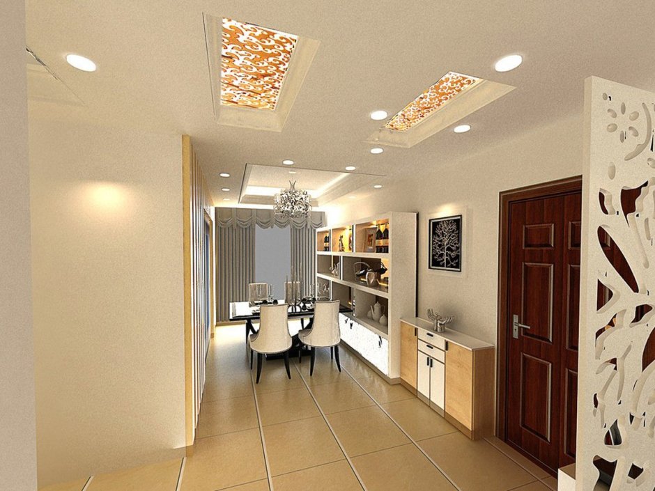 Точечные светильники потолочные в интерьере кухни гостиной