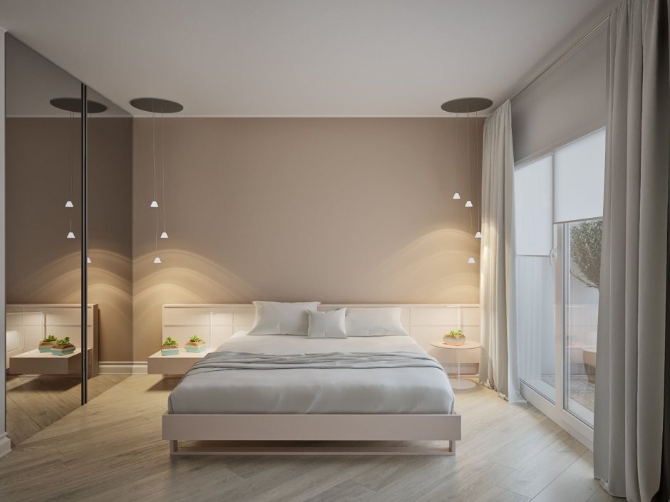 Спальня в современном стиле в светлых тонах с гардеробной