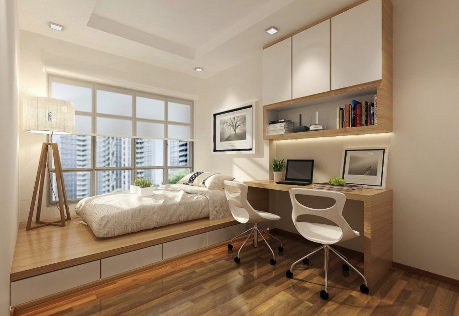 Спальня с подиумом у окна