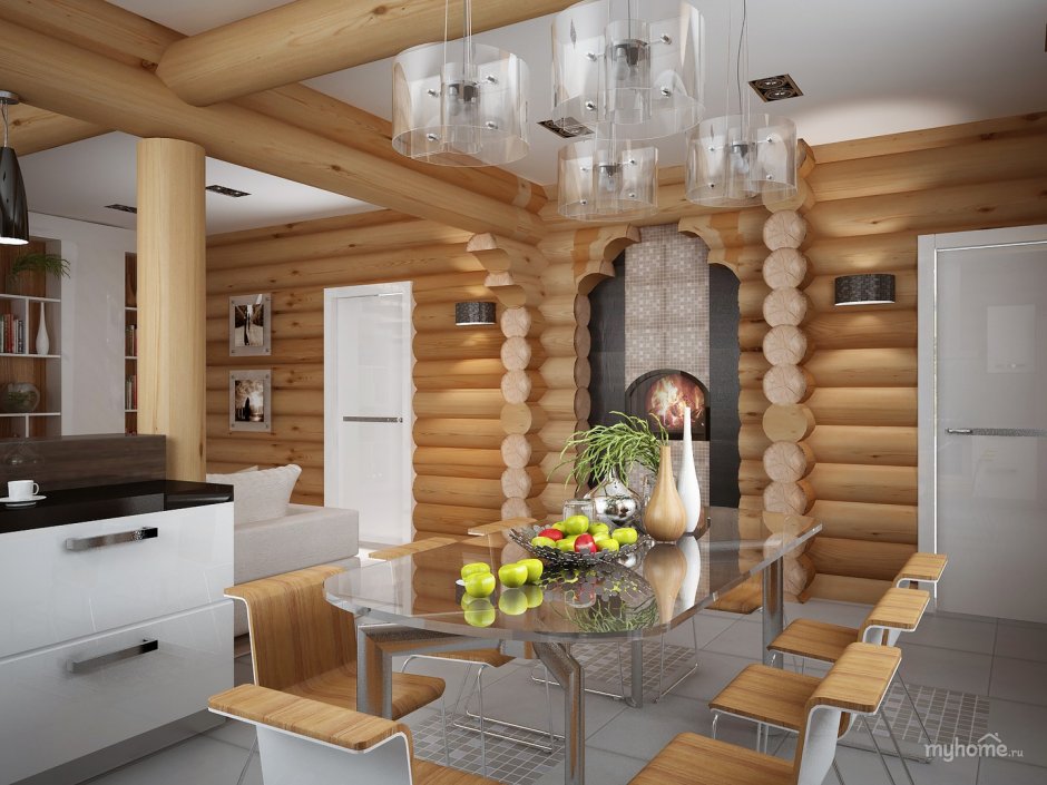 Интерьер кухни в деревянном доме из оцилиндрованного бревна