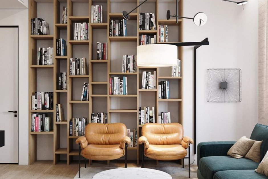 Стеллаж в интерьере гостиной