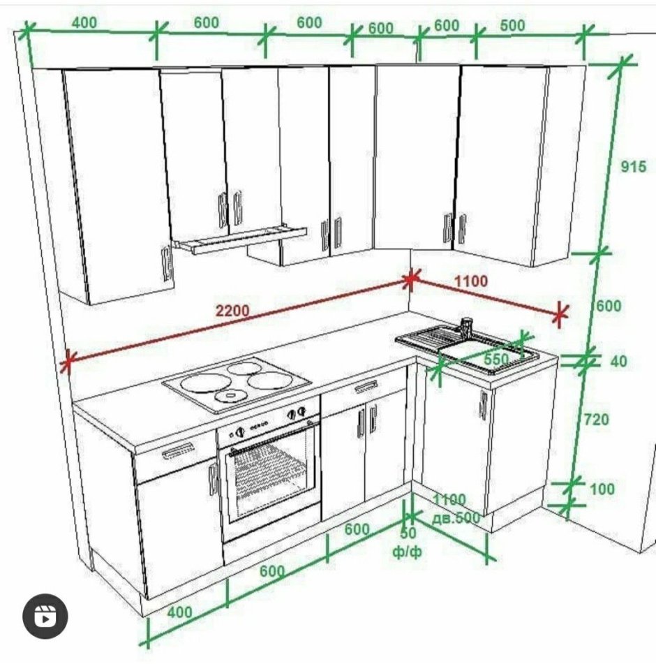 Размеры кухонного гарнитура стандарт чертеж