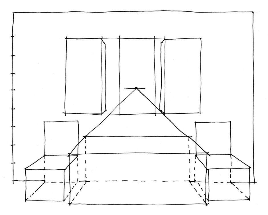 Фронтальная комната в перспективе с кроватью