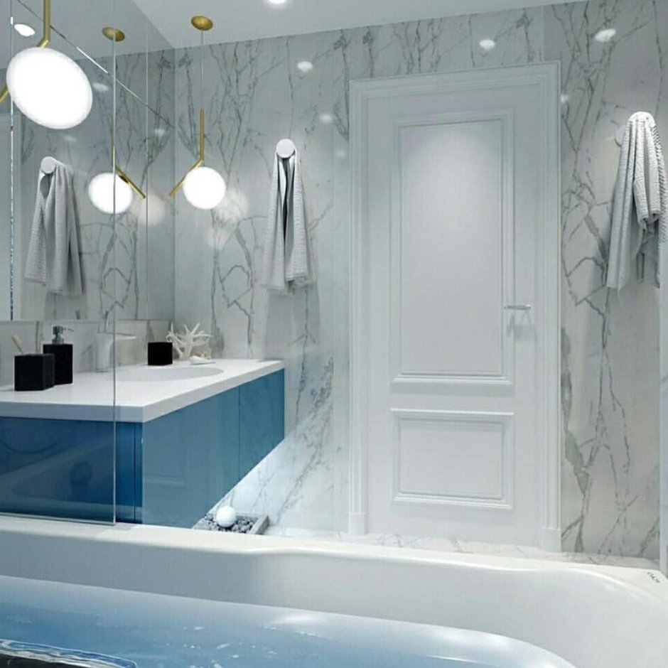 Голубая мраморная плитка в ванную комнату