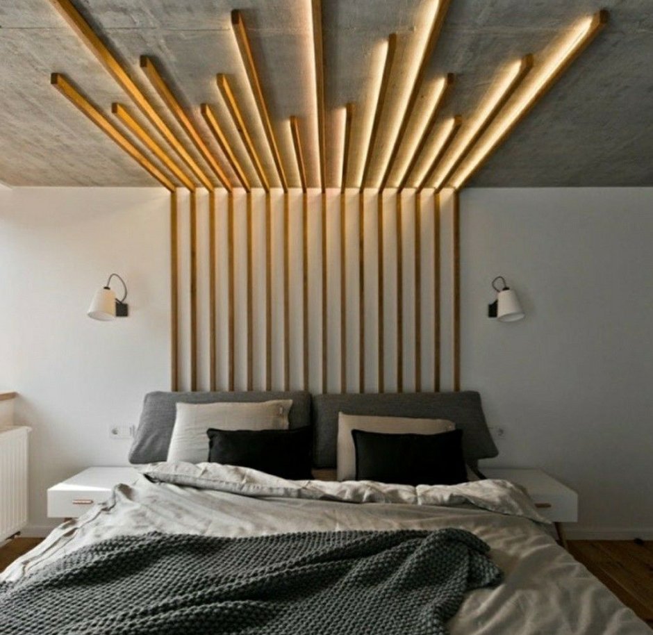 Деревянные рейки для декора в спальной