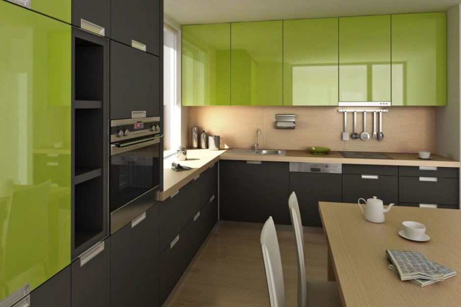 Сочетание серого и зеленого в интерьере кухни