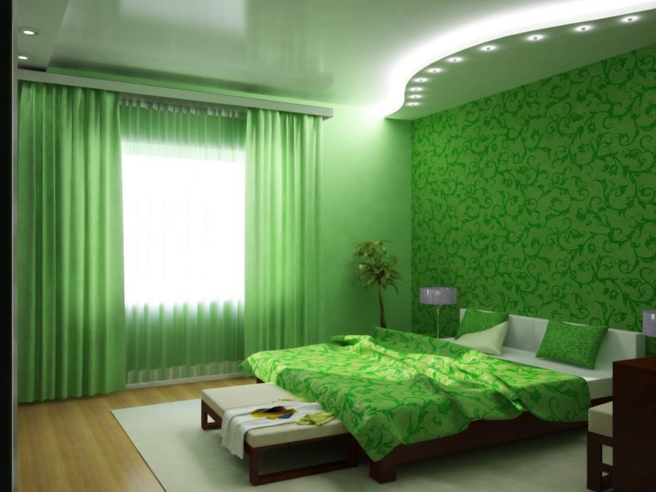 Зелёный потолок в спальне