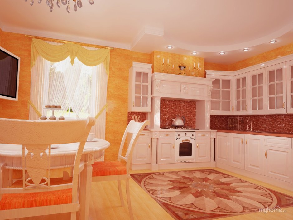 Белая кухня персиковые стены