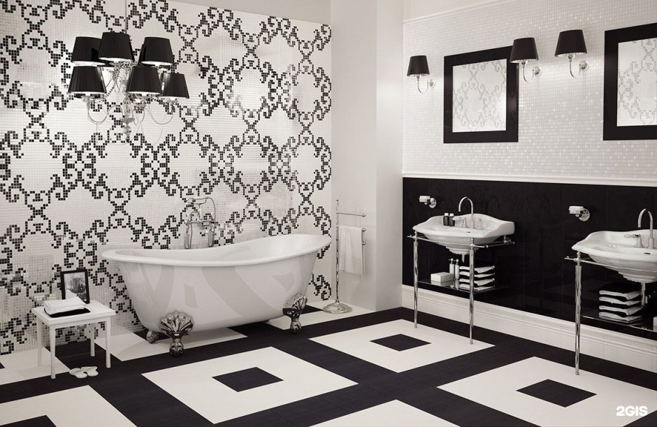 Плитка для ванной белая с черным орнаментом
