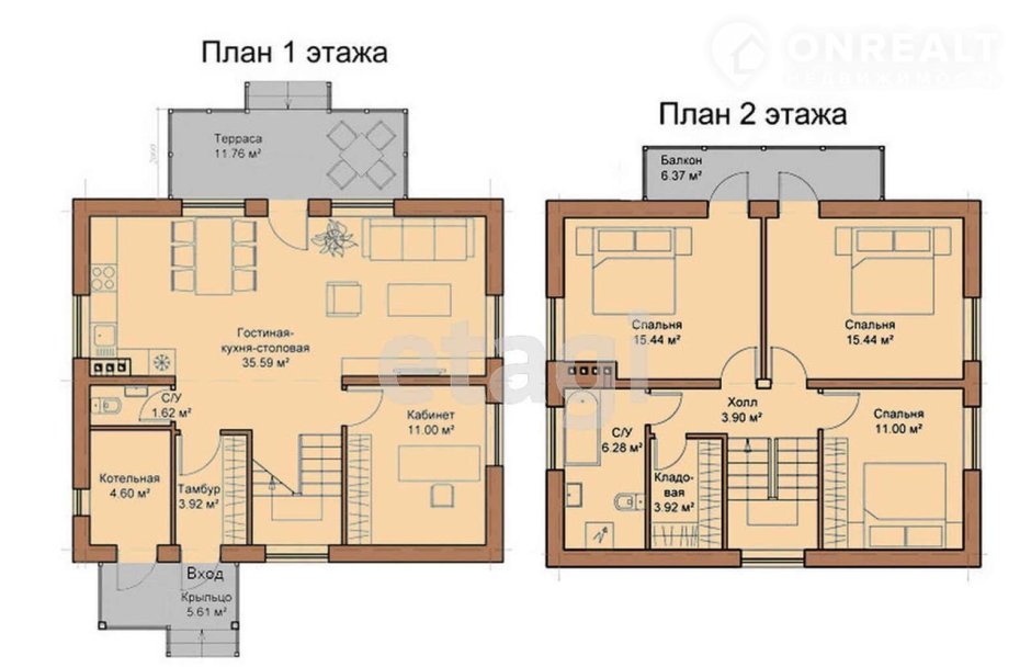 Чертёж 2-х этажного дома с размерами