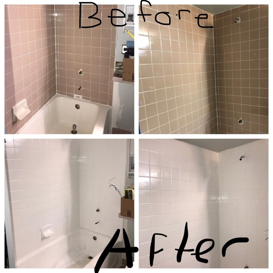 Покраска плитки в ванной до и после