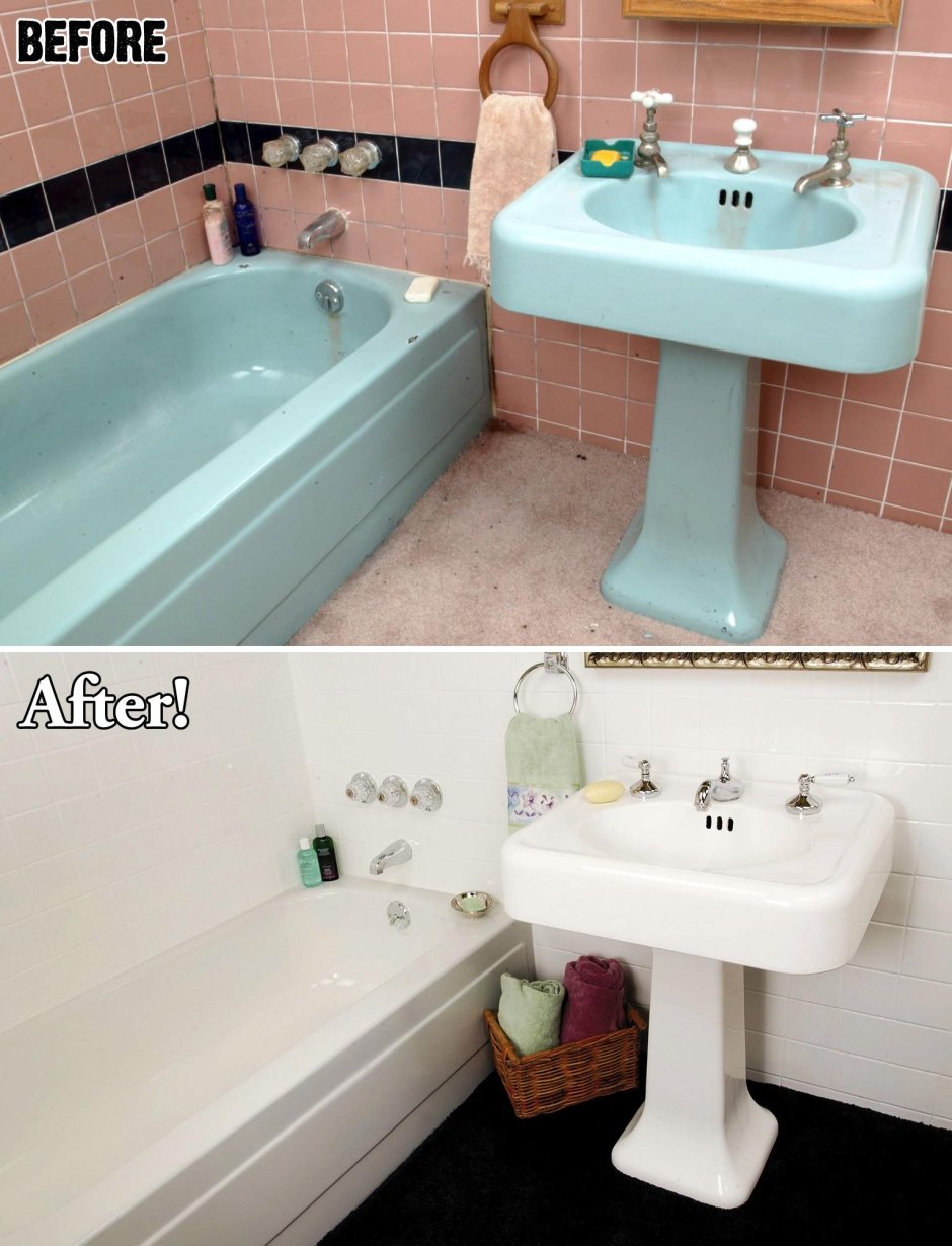 Крашеная плитка в ванной до и после