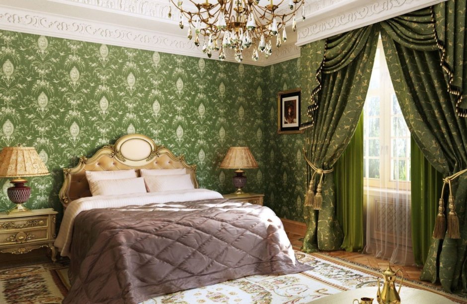 Спальня в золотисто зеленых тонах