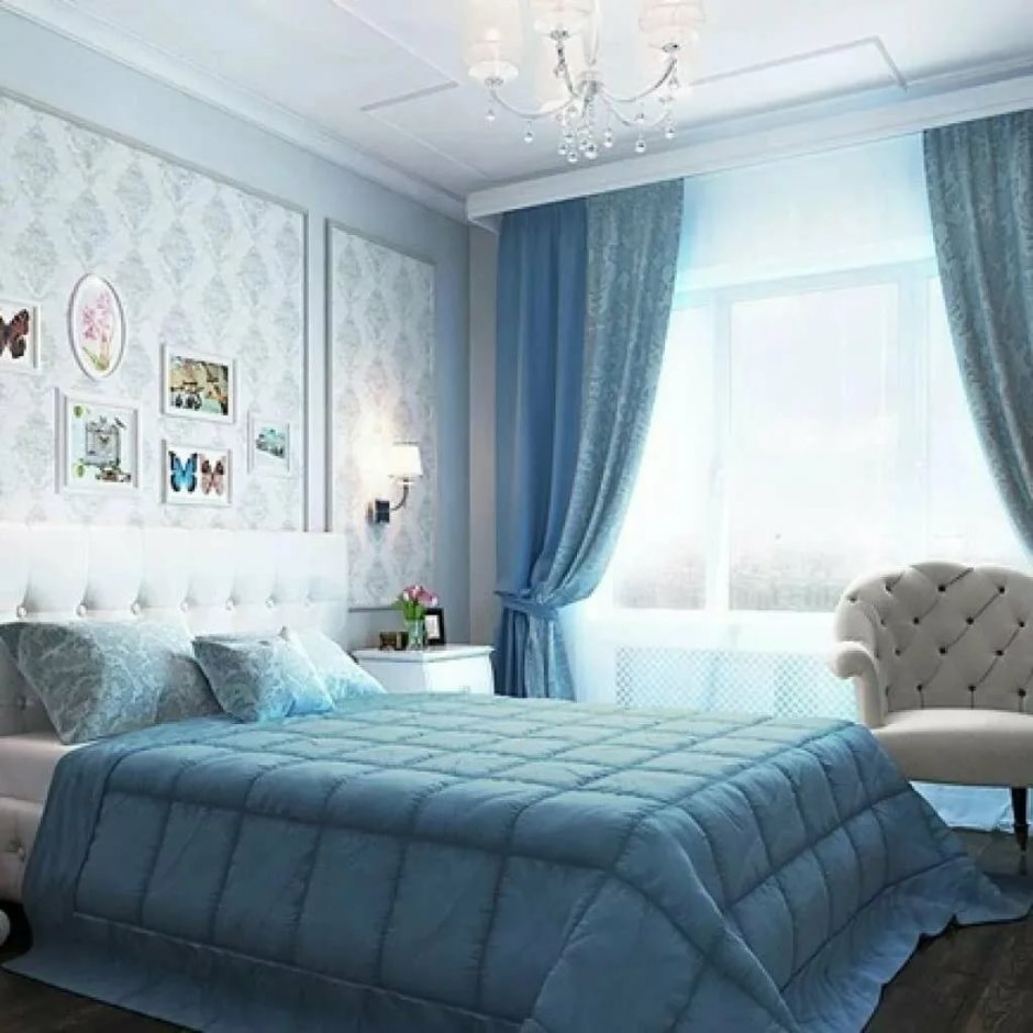 Синие шторы в спальне