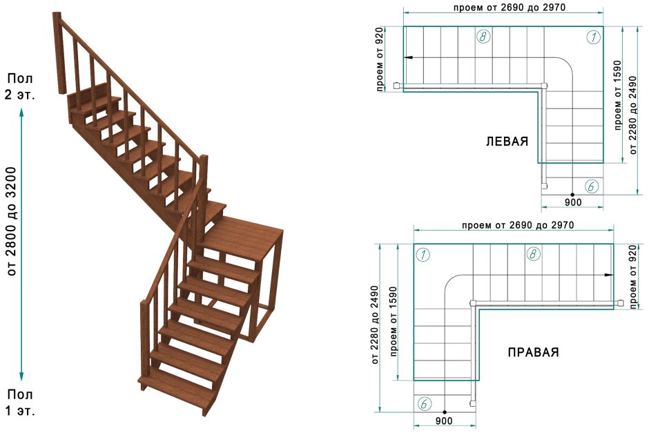 Двухмаршевая деревянная лестница схема