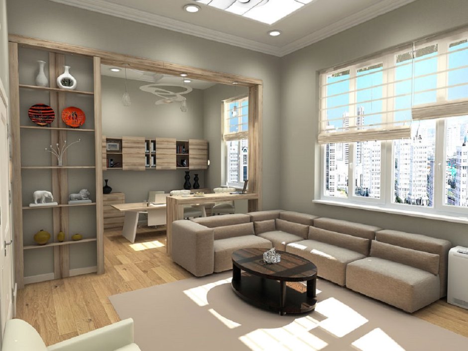 Гостиная с диваном и рабочим местом