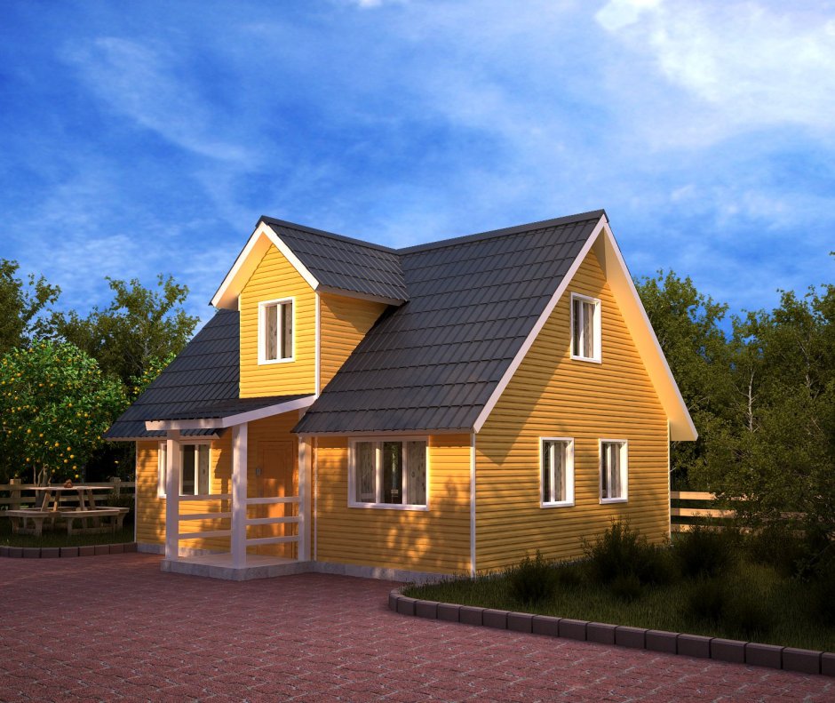 Желтый дом с зеленой крышей