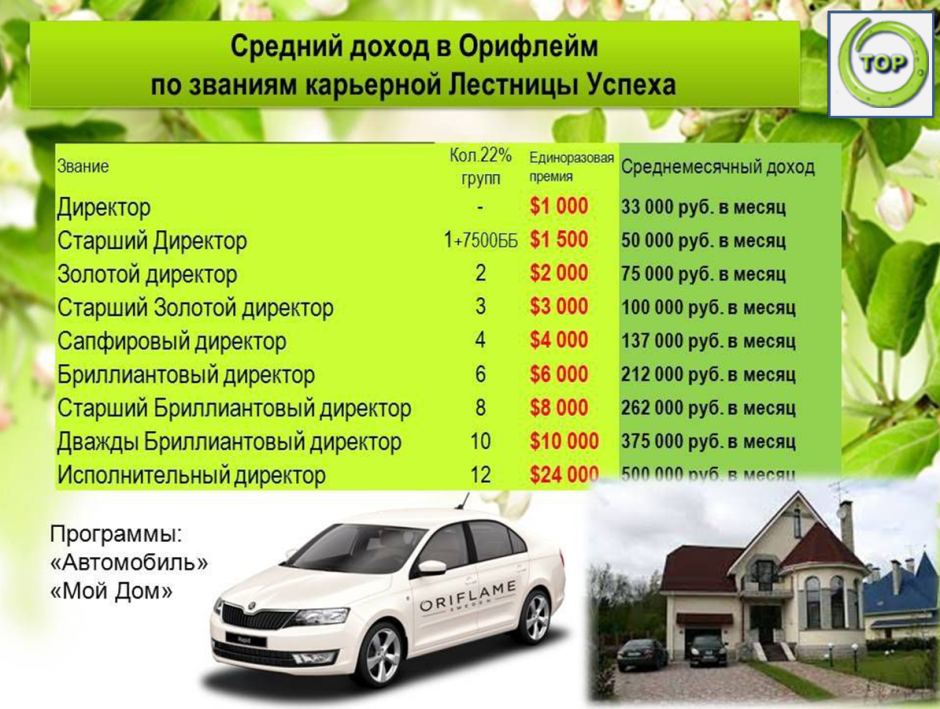 Доходы в компании Орифлейм
