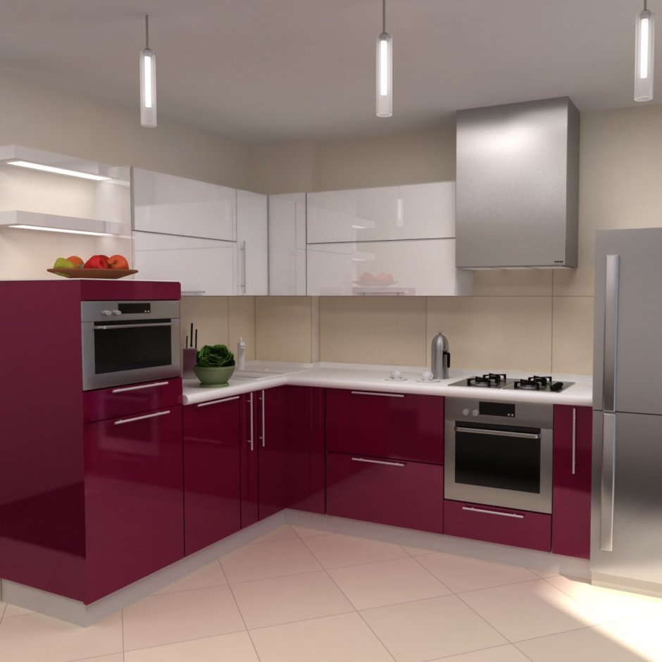 Кухни угловые бело бордовая с серым холодильником